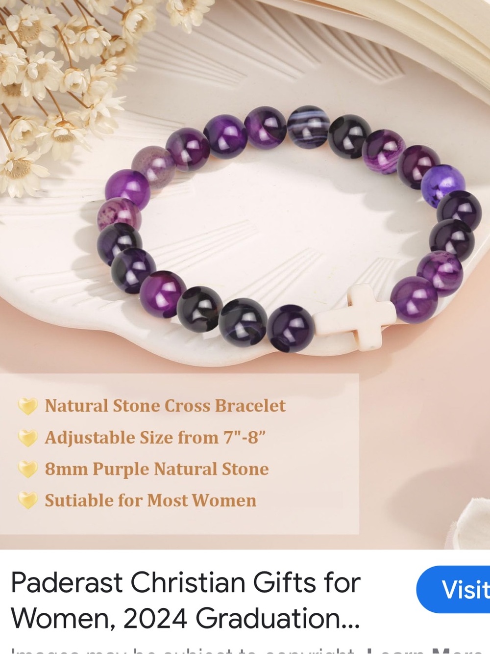 #2637**Purple Agate Bead Bracelet with White Cross Accent - Picture 3 of 17
